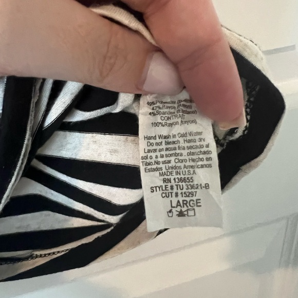 Cream and Black Striped, Short sleeve top, with jeweled collar, Size L - Picture 5 of 5